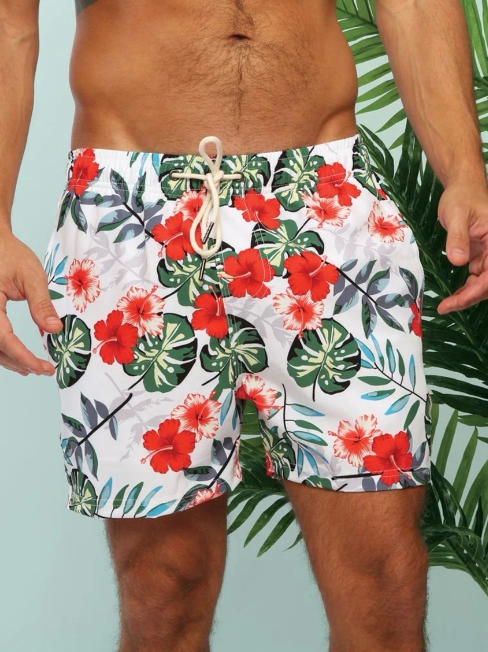 Men's Two Left Feet, Packable, White Floral Swim Trunks with Red Hibiscus